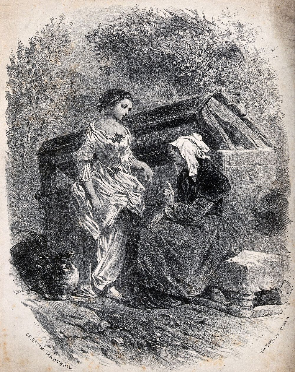 An old woman gives advice to a young woman at a well. Lithograph by Bertaut after C. Nanteuil.