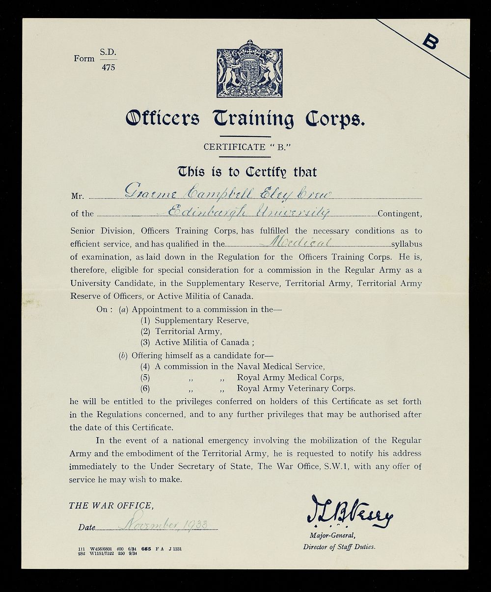 Certificate "B" / Officers Training Corps.