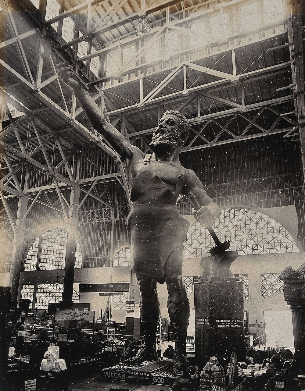 The 1904 World's Fair, St. Louis, Missouri: Vulcan, the Roman god of the forge: a 56 foot high statue in the Palace of Mines…