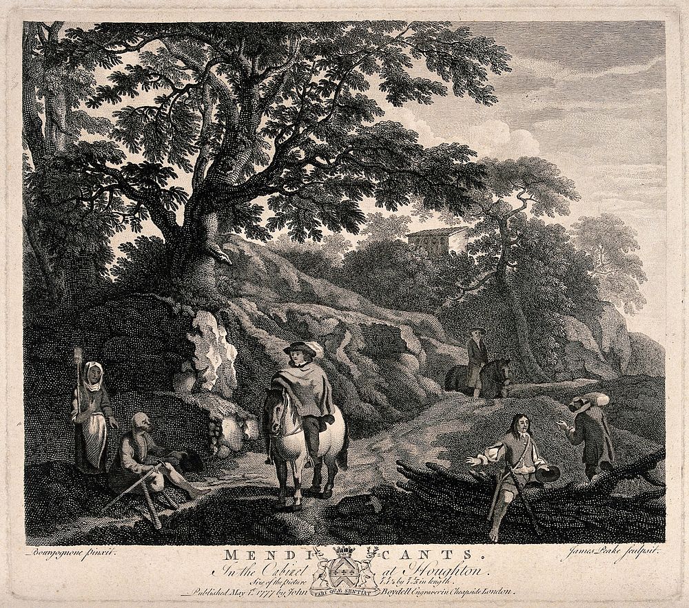A man begging for alms at the side of a road is holding out his cap to a traveller on horseback. Engraving by James Peake…