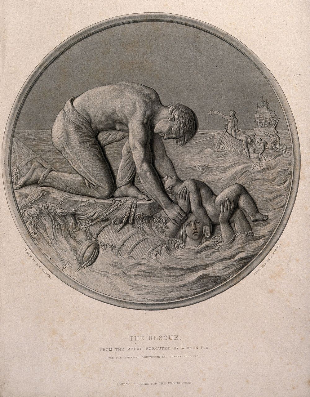 A child being rescued from a shipwreck, two women are in the sea about to be rescued by a boat. Stipple engraving by A.…