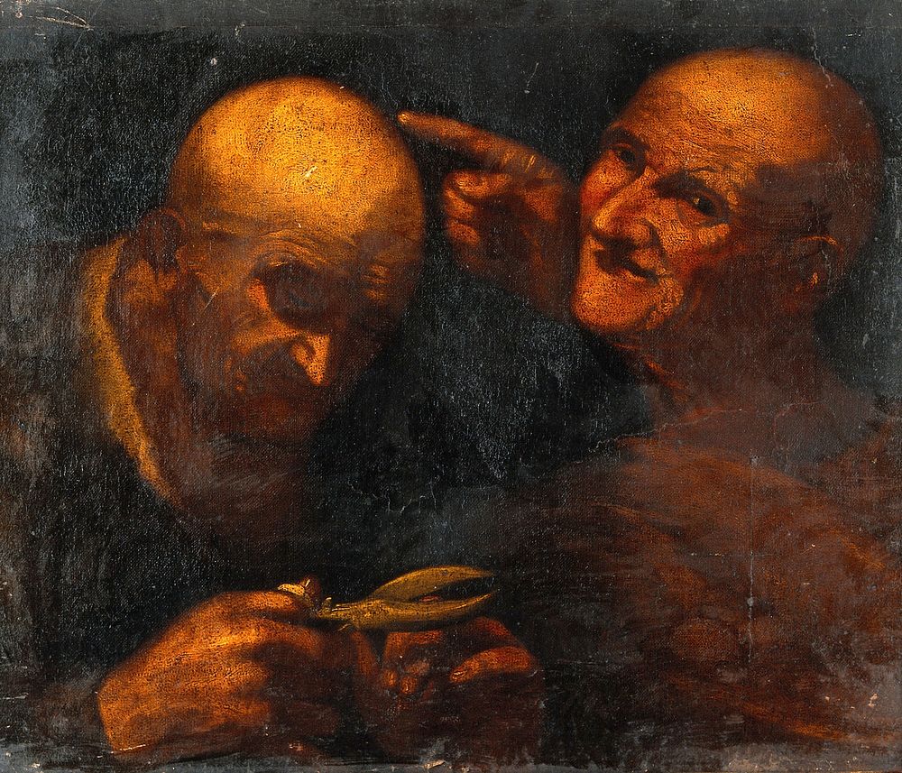 Two men, one cutting his finger-nails with a pair of scissors. Oil painting.