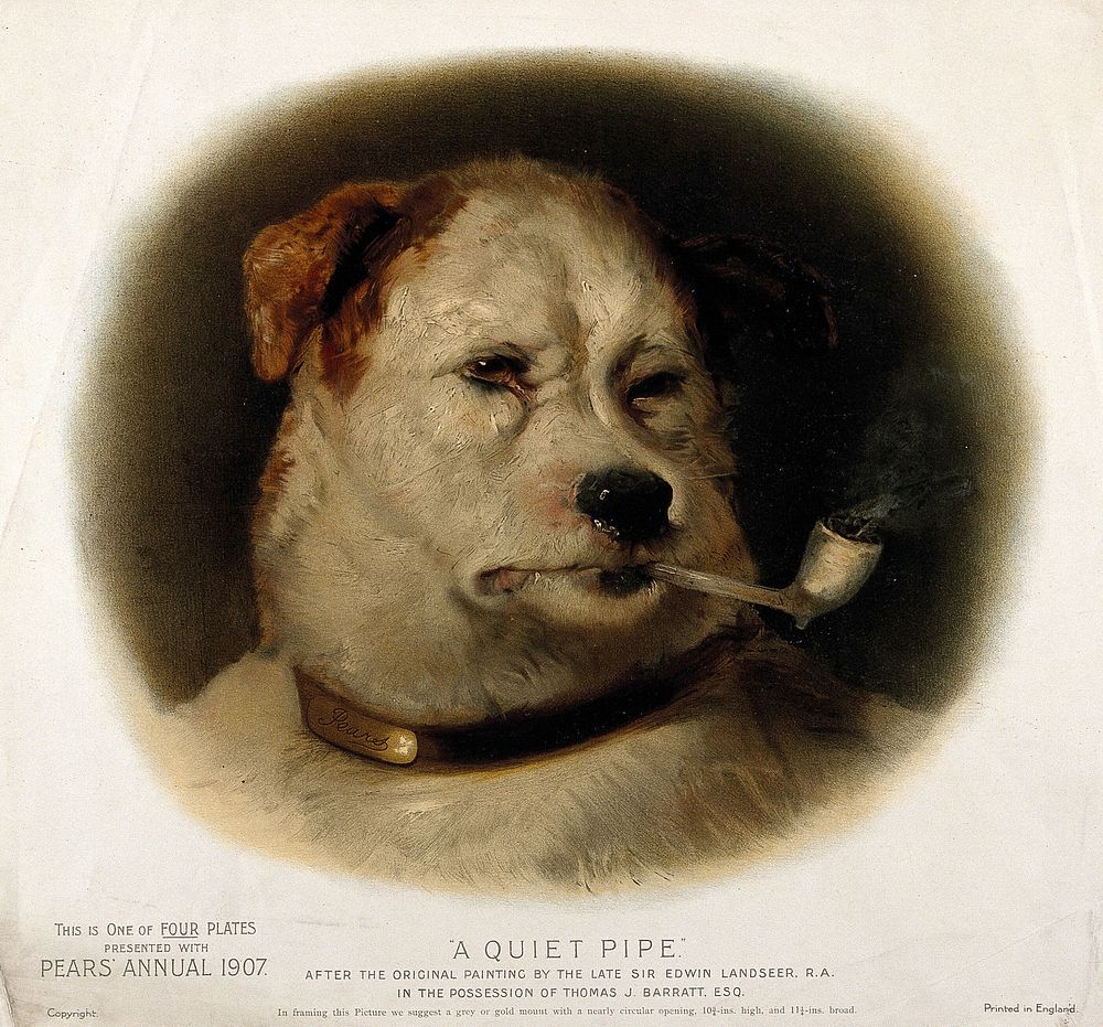 A dog smoking a pipe, with 'Pears' inscribed on his collar. Chromolithograph after E. Landseer.