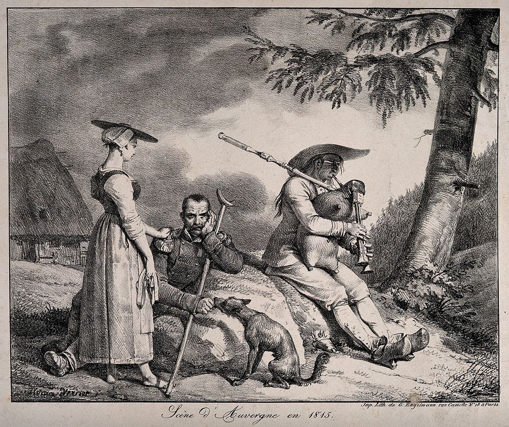 Napoleon visiting the wounded after the Battle of Eylau. Coloured etching.