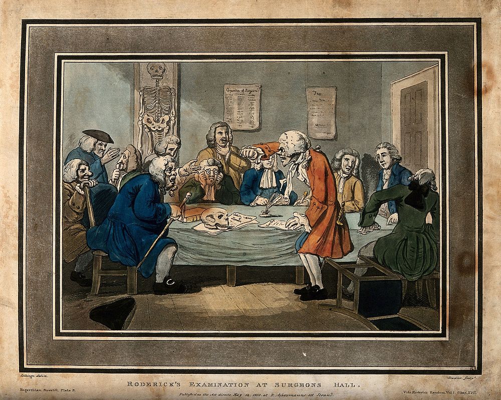 Roderick Random (a licentiate from Scotland) facing a board of medical examiners at Surgeons Hall. Coloured aquatint by J.…