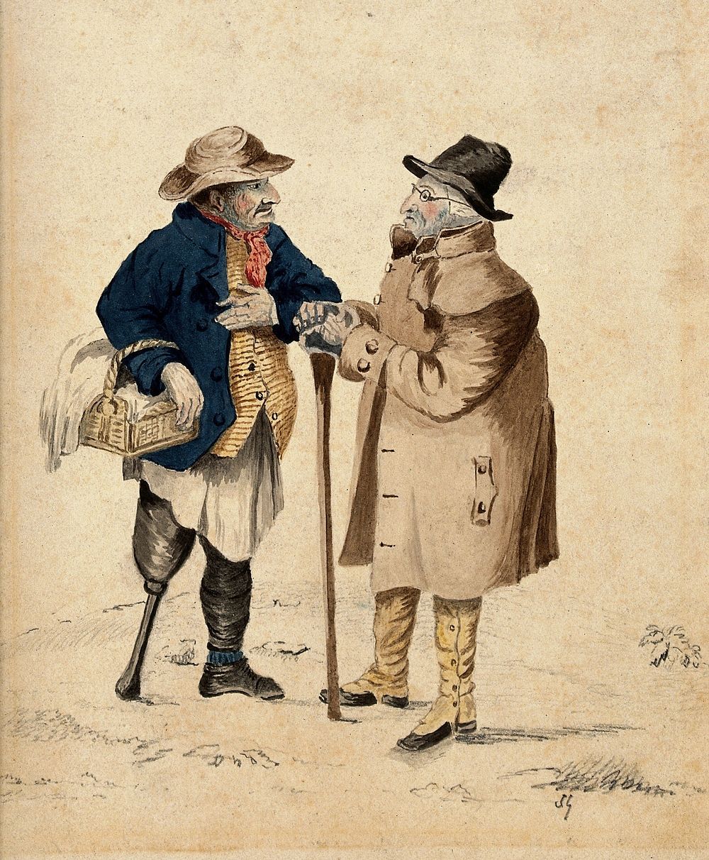 Two old men in conversation: the man on the left holding a basket has a wooden leg, the other one leans with both hands on a…