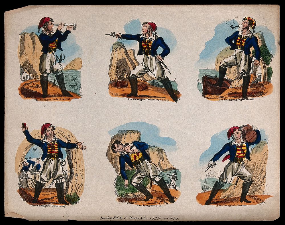 A smuggler shown at different stages and points of his chosen profession. Coloured etching .