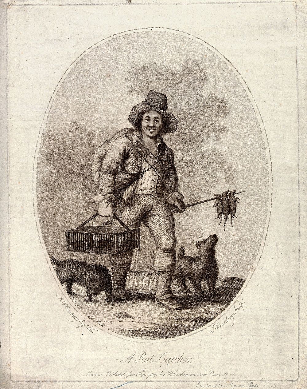 A rat-catcher (accompanied by two dogs) carrying a cage of live rats in his right hand and a sharpened wooden stick with…