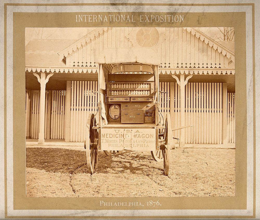 Philadelphia International Exposition, 1876: American Civil War medicine wagon produced by T. Morris Perot and Company.…