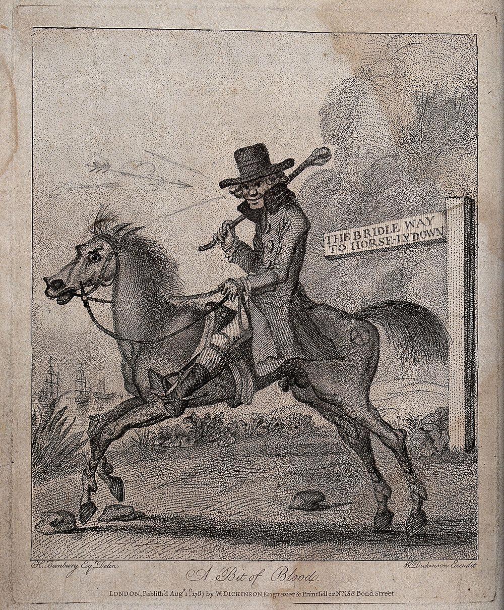 A man is riding a horse along a bridle way. Etching after H.W. Bunbury.