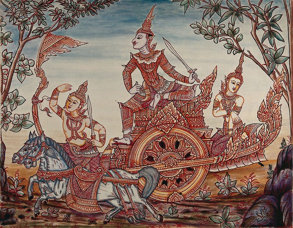 A scene from Ramakian or Ramayan, the Indian epic: Rama riding on top of a chariot holding a sword, along with Lakshman and…