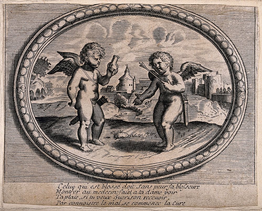 A putto with an arrow in his heart is asking a putto who is holding a urine flask for help; comparing love to medical…
