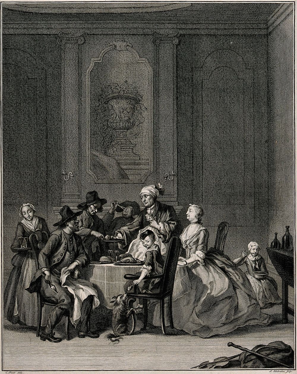 People having a meal with a woman presiding over the table. Engraving by J. Houbraken after C. Troost.