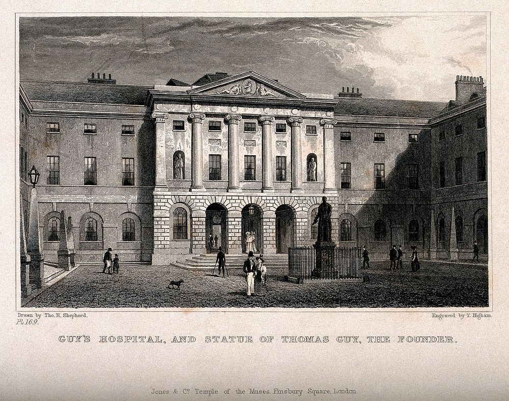 Guy's Hospital, Southwark: inside the courtyard. Engraving by T. Higham after T. H. Shepherd.