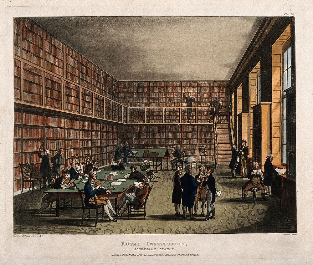 The Royal Institution, Albemarle Street: the library. Coloured aquatint by J. C. Stadler, 1800, after A. C. Pugin and T.…
