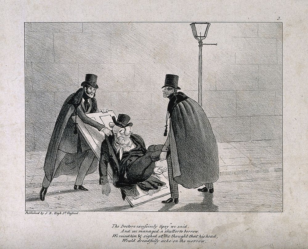 Two men, possibly students, carrying home a drunken doctor laid out on a door, verse below. Lithograph.