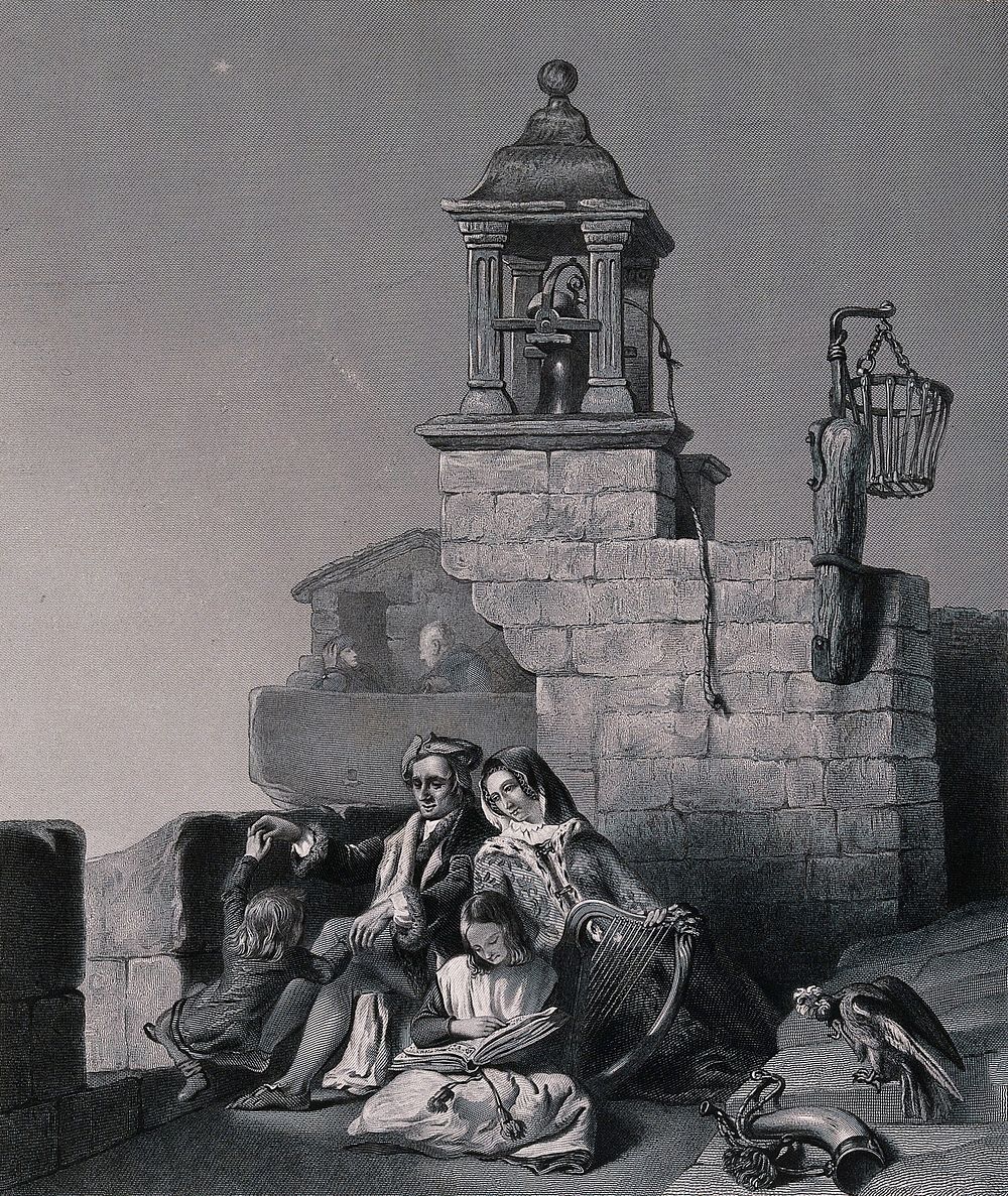 Peace: a family rests and plays on the turret of a building, the bell rope is broken and they can enjoy peace. Engraving by…