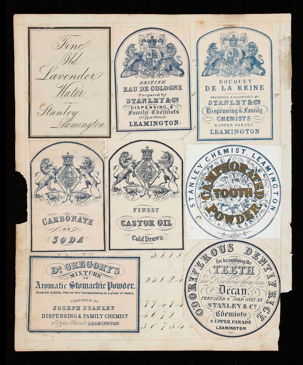 Set of labels from Stanley and Co. chemist shop, Leamington.