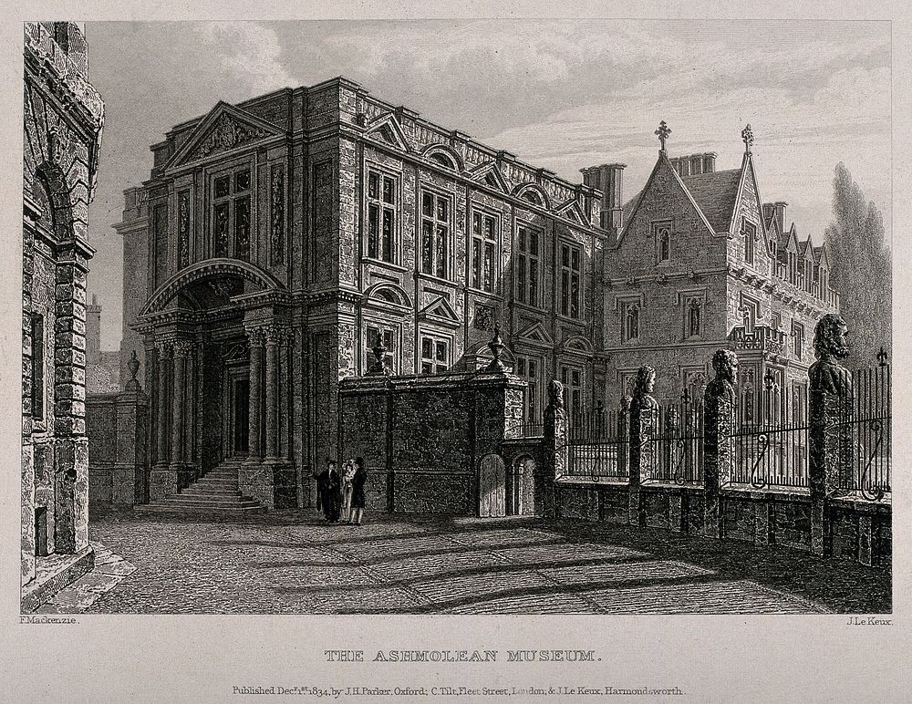 Ashmolean Museum, Oxford: the Clarendon Building. Line engraving by J. Le Keux, 1834, after F. Mackenzie.