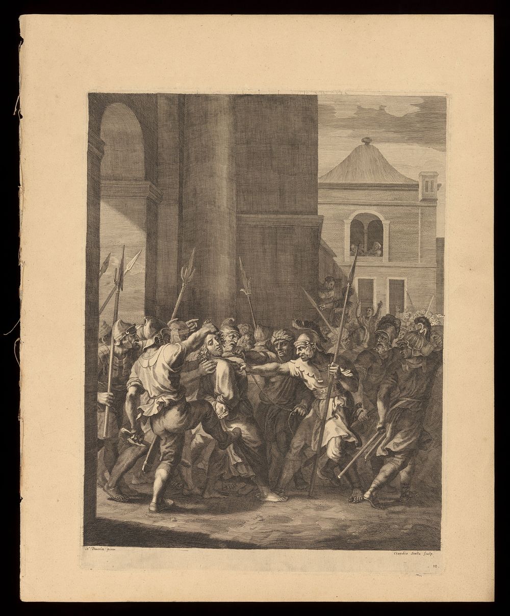 Christ led away from Caiaphas by Roman soldiers to be delivered to Pontius Pilate. Engraving by C. Bouzonnet Stella after J.…