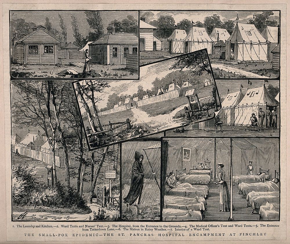 The Smallpox Hospital, St Pancras, London: several views of the encampment at Finchley, 1882. Wood engraving by J.H. after…