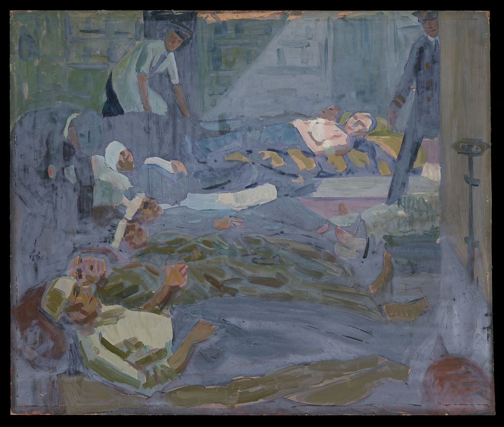 World War I: wounded sailors after treatment in a distributing station. Oil painting by Godfrey Jervis Gordon ("Jan Gordon").