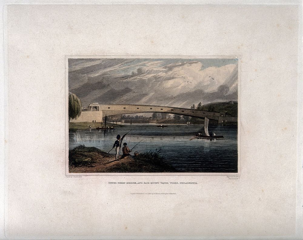 Fair Mount Water Works, Philadelphia: with Upper Ferry Bridge. Coloured engraving by Ferrer Sears & Co., 1830, C. Burton.