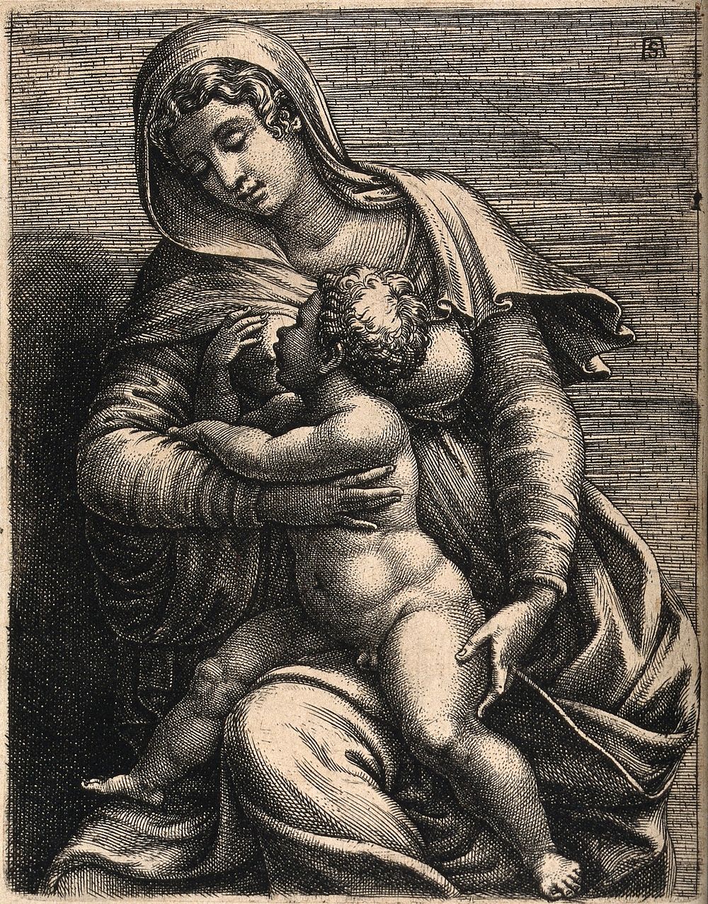 Saint Mary (the Blessed Virgin) with the Christ Child. Engraving by A. Scultori, il Mantovano, after G.B. Scultori.