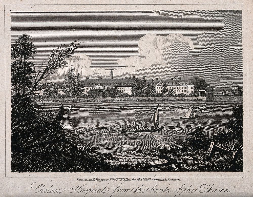 The Royal Hospital, Chelsea: viewed from the Surrey bank with boats on the river. Engraving by W. Wallis after himself, 1816.