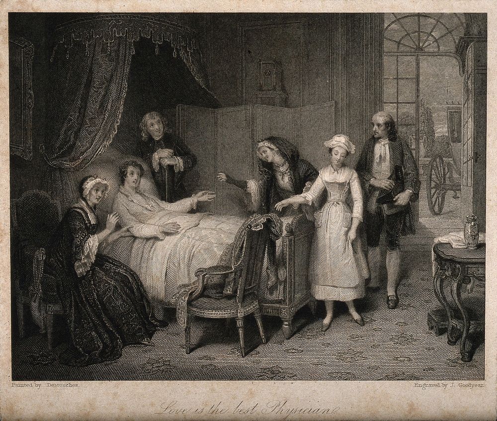 A young woman comes to visit a sick young man in hope that her love will cure him, surrounded by relatives. Line engraving…