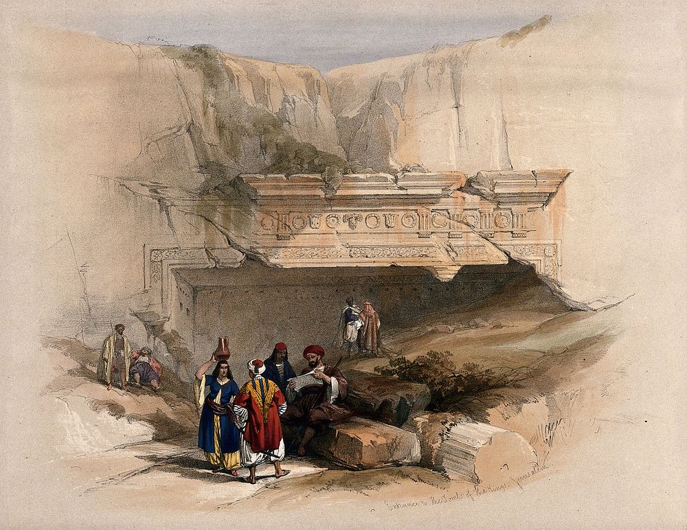 Figures at the entrance of an ancient sepulchre, near Jerusalem, Israel. Coloured lithograph by Louis Haghe after David…