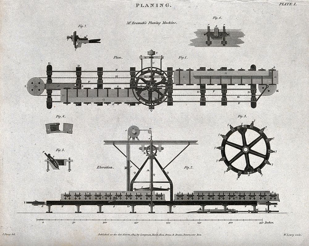 Engineering: side elevation of the Bramah planing machine. Engraving by W. Lowry, 1814, after J. Farey.