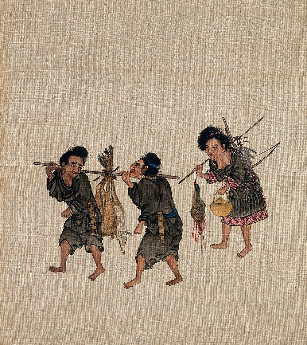 Three female hunters carrying dead animals and birds on poles on their shoulders. Gouache on cloth, tipped onto silk over…