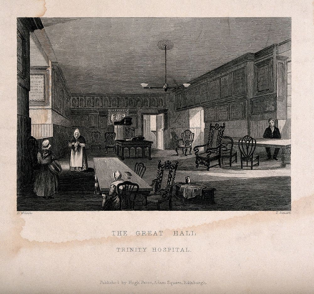 Figures in the Great Hall, Trinity Hospital, Edinburgh. Line engraving by T. Stewart after D. Wilson.