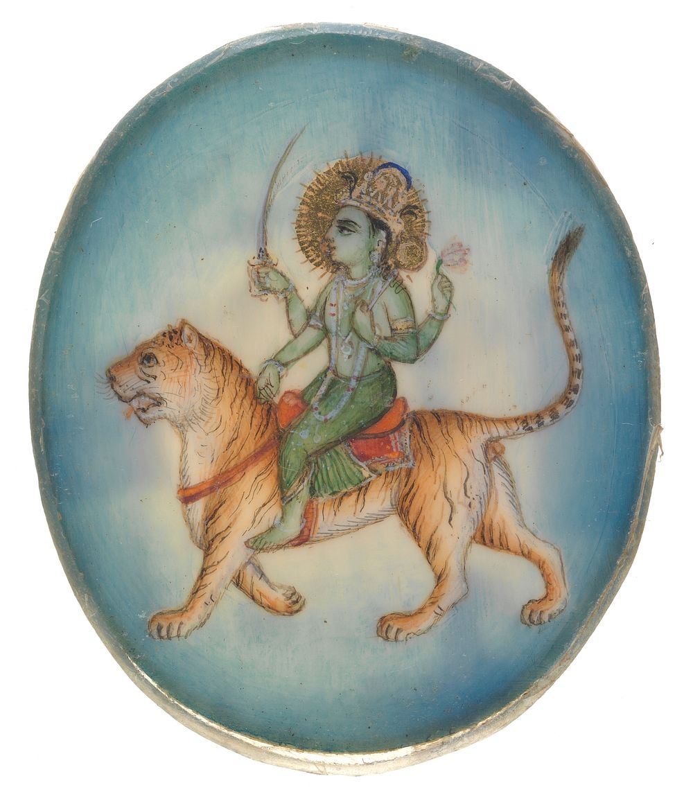 Bhairava riding on a dog, holding a club and a skull-bowl. Gouache painting by an Indian artist.