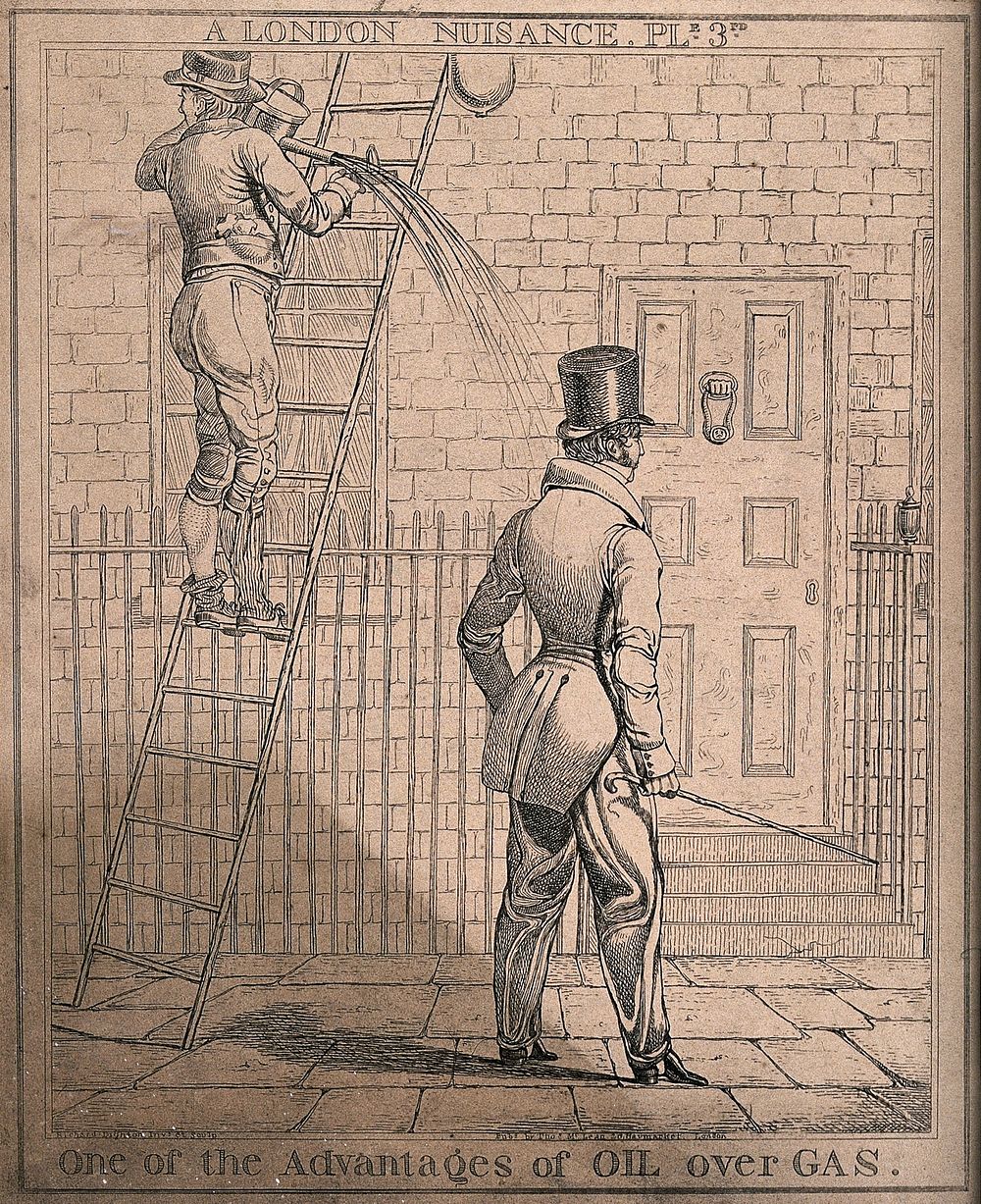 Oil is spilling on to a man as he walks by the ladder of the lamplighter. Etching by Richard Dighton, 1821.