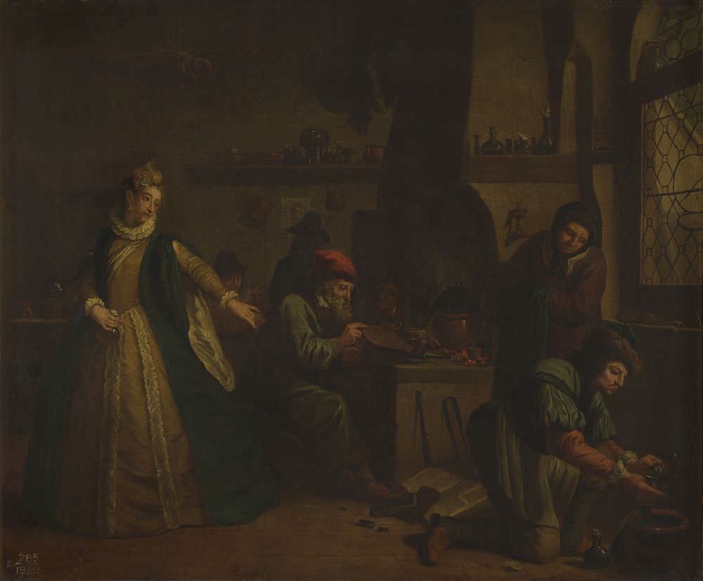 A lady visiting an alchemist's laboratory . Oil painting by Jan Josef Horemans I.