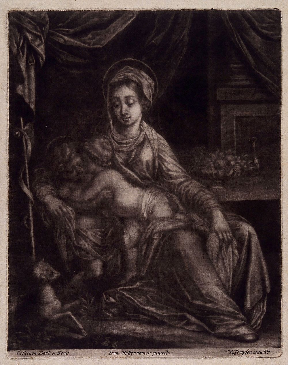 Saint Mary (the Blessed Virgin) with the Christ Child and Saint John the Baptist. Mezzotint after J. Rottenhammer.