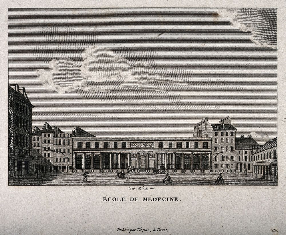 School of Medicine, Paris. Line engraving by L.F. Couché, 1818.