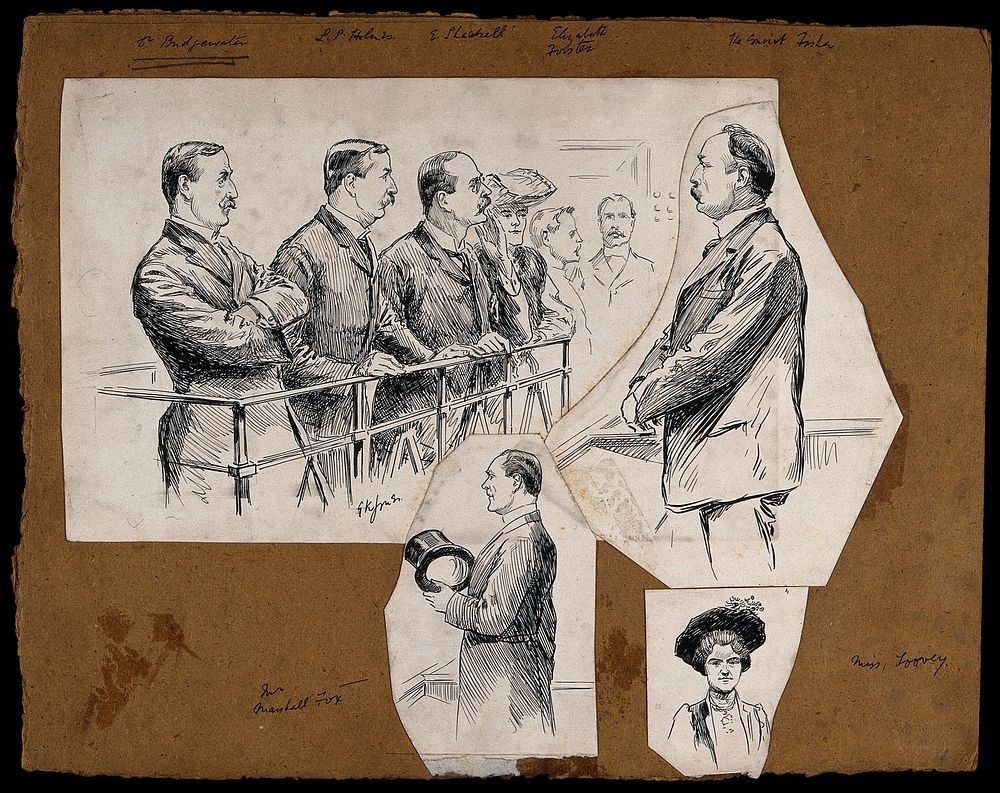 People involved in the trial for fraud against Edwin Marshall Fox. Drawing by G.K. Jones, 1905.