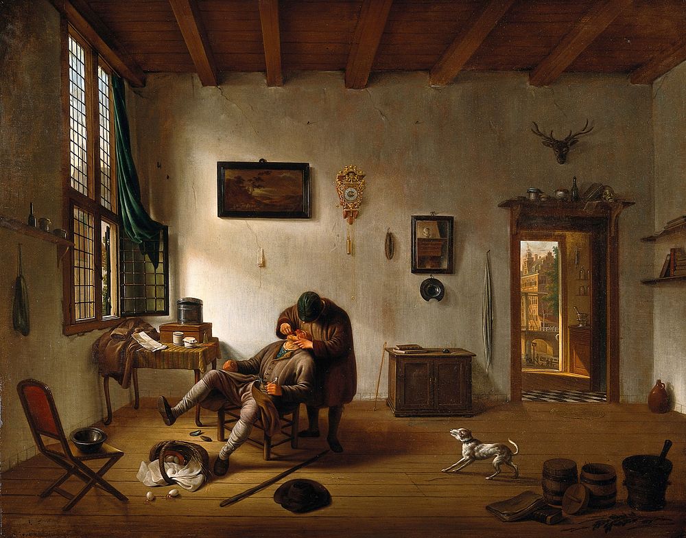 Interior of a Dutch house with an operator attending to a man's teeth. Oil painting by Hendrik van der Burgh.