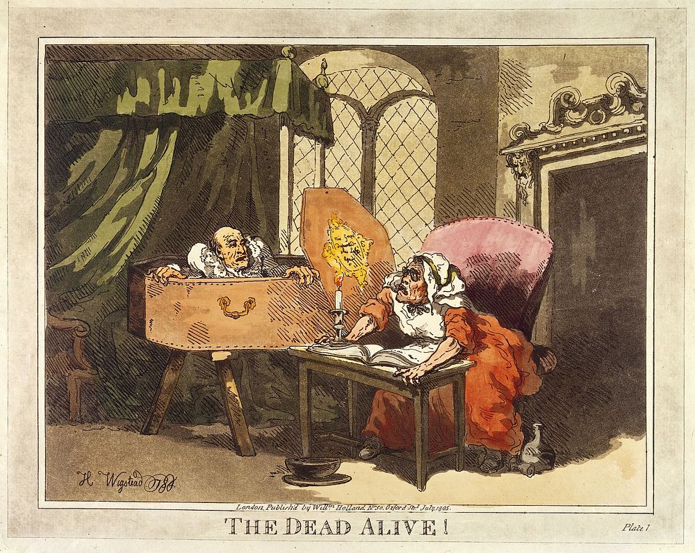 A man supposed to be dead arising from his coffin and surprising his wife . Coloured aquatint, 1805, after a drawing by…