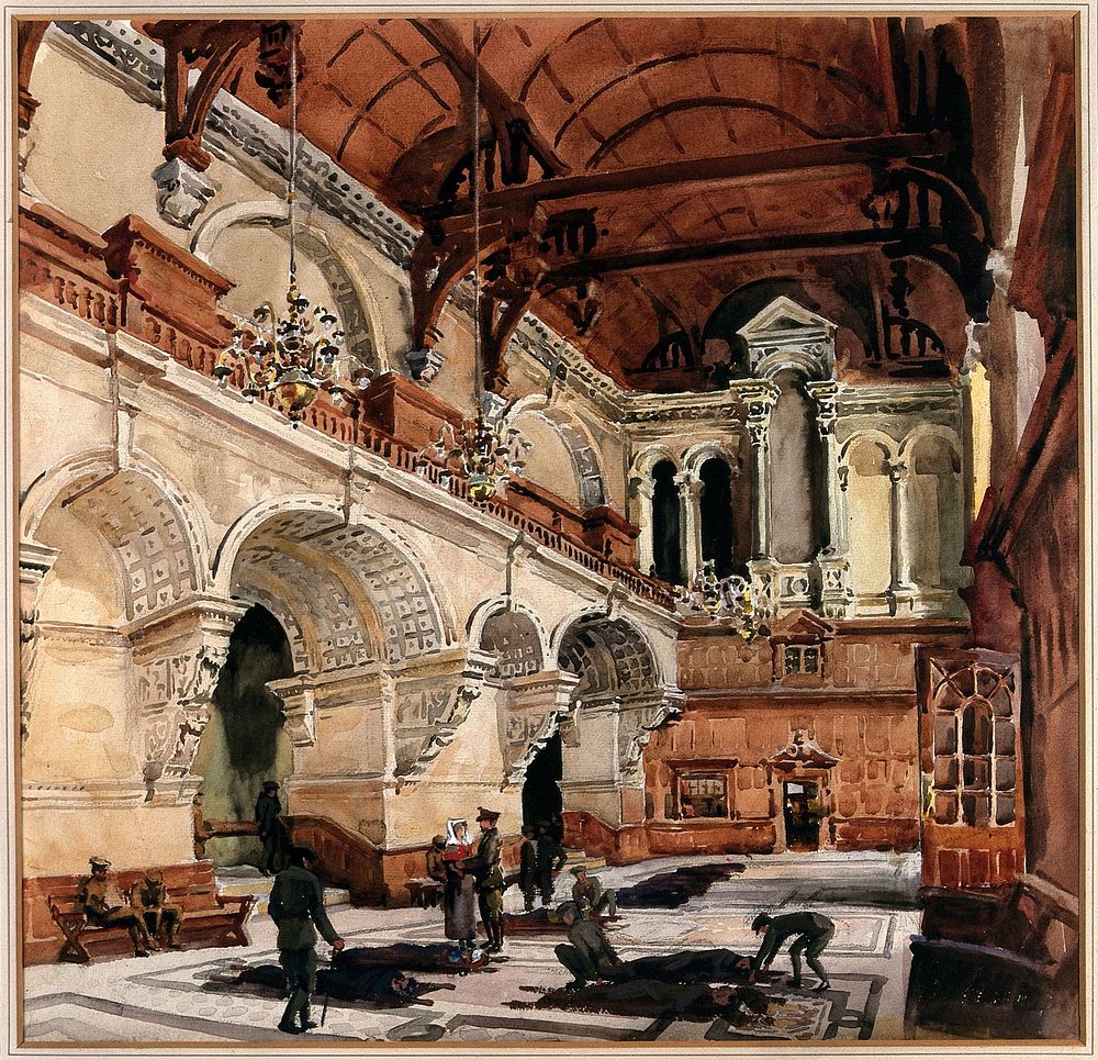 World War I: the Examination Schools, Oxford, while occupied by the Third Southern General Hospital, interior. Watercolour…