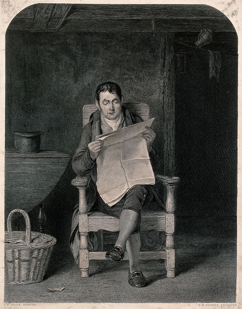 A seated man reading a newspaper in a kitchen , a basket by his feet. Engraving by C.W. Sharpe after T.S. Goode.