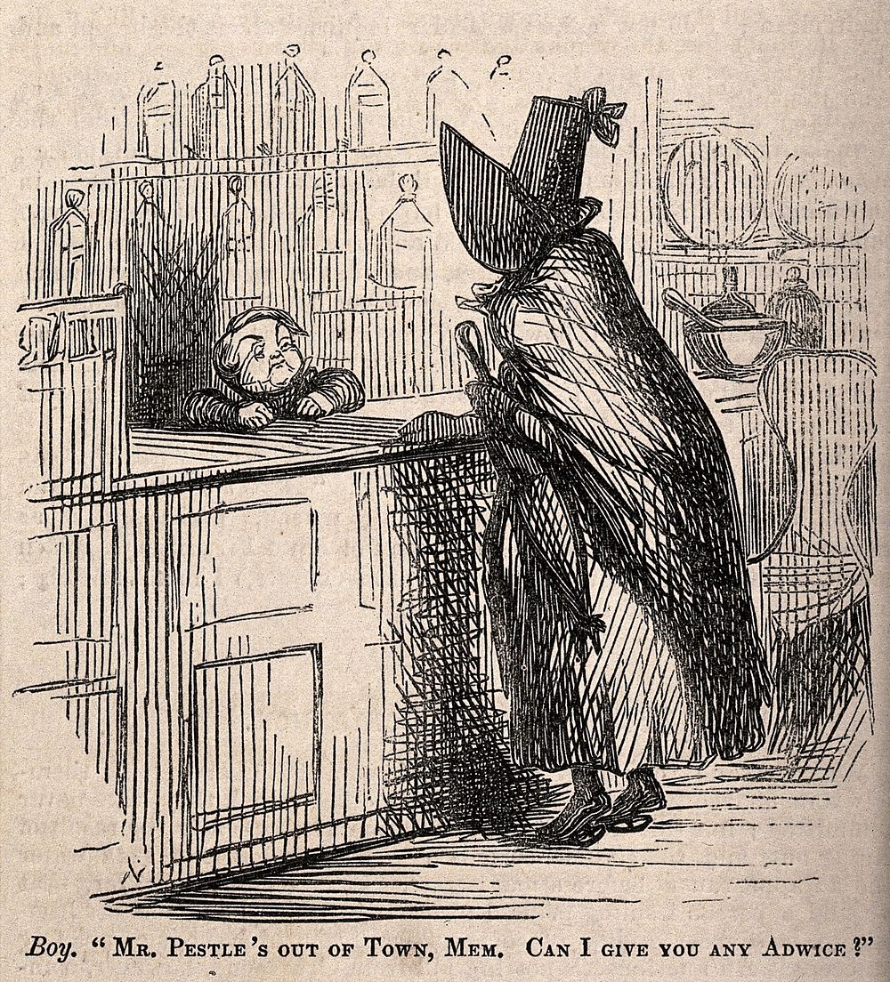 A child serving behind the counter of a chemists and offering advice to a female customer. Wood engraving.