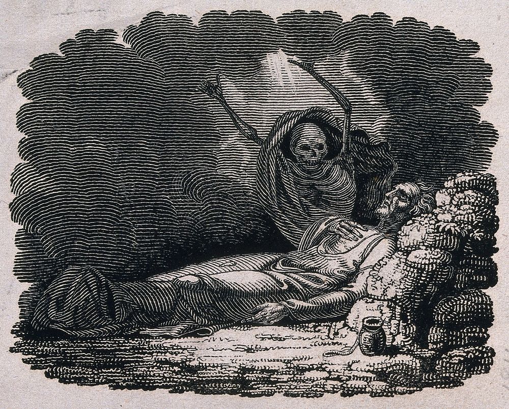 A skeleton approaches a dying man. White line wood engraving.