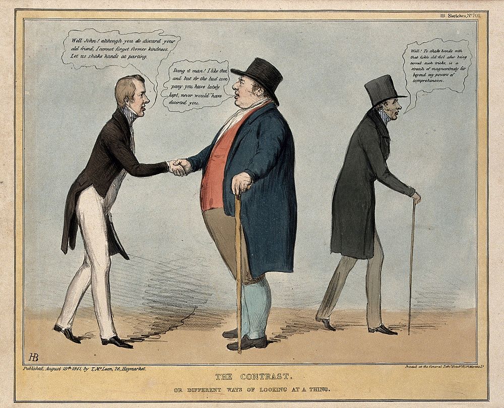 John Bull shakes the hand of Lord Morpeth in friendly admonition, but with his back to Lord Howick. Coloured lithograph by…