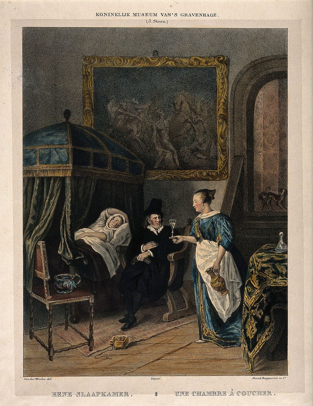 A physician receiving a glass from a female servant while visiting a young female patient who is in bed. Coloured lithograph…