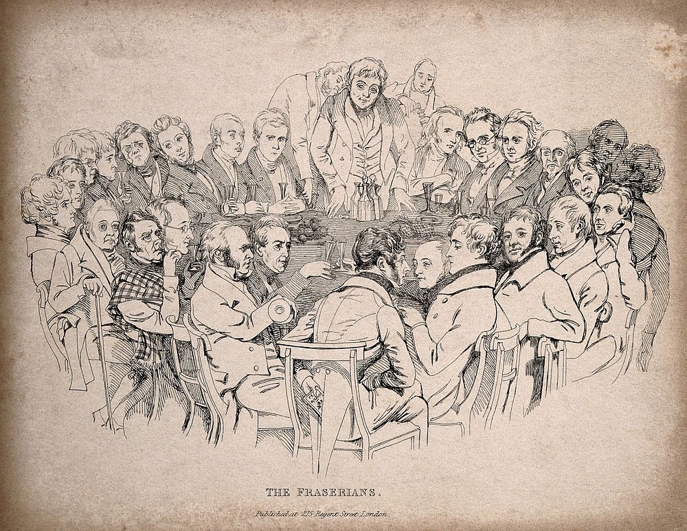 Contributors to Frazer's Magazine, sitting around a dining table, talking, smoking and drinking. Lithograph by D. Maclise…