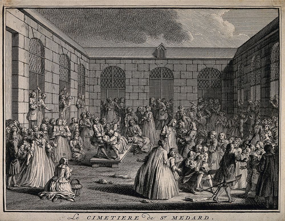 Crowds of sick people gathered at the tomb of F. de Paris, St. Medard cemetery, in the hope of a miracle cure. Engraving.